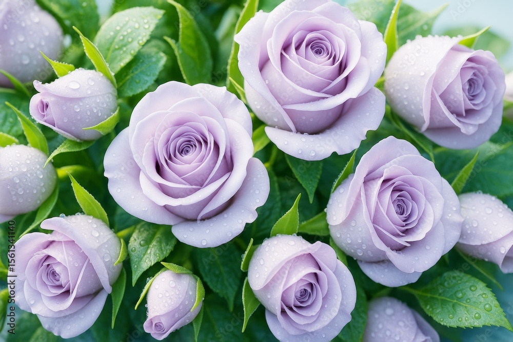 Poster Close-up of delicate lavender roses with dew on petals and green leaves in soft light on a natural background. Ai generative.