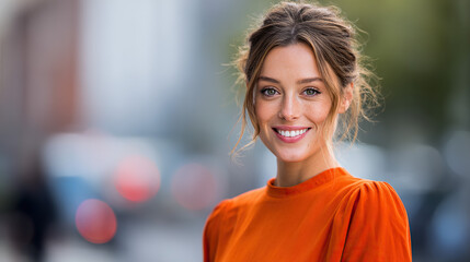 Smiling delivery professional in orange, exuding warmth and approachability, embodying reliable service with a personal touch.