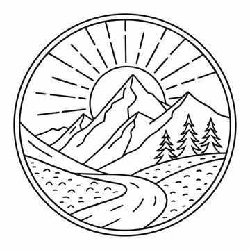 recommend clip art: Circular line art landscape with sun rising over mountains and winding road