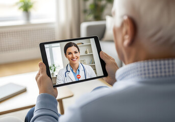 An over-the-shoulder view of a senior man using a tablet for a telemedicine consultation with a female doctor from the comfort of his home.