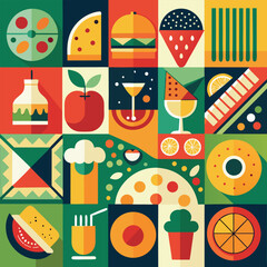 Abstract geometric pattern of farm food. Stylized poster with fruit and vegetables. Agriculture plants in cubism style. Contemporary art of healthy, natural, organic products. Flat vector illustration