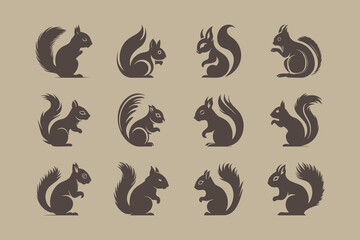 A set of twelve stylized squirrel silhouettes, creatively designed in various unique poses with intricate tail patterns, perfect for nature-themed art, design projects, or decorative purposes.