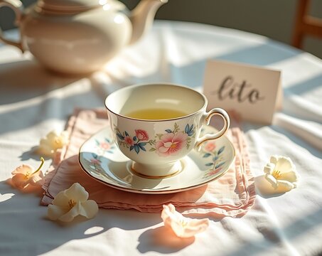 Aesthetic tea time with floral teacup and teapot for relaxation concept