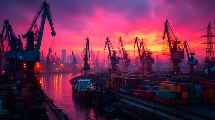 Obraz premium Cargo cranes operate loading containers industrial harbor sunset cityscape reflects water shipping transport nighttime