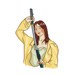 A stylized illustration of a confident young woman wielding a katana. This image blends modern fashion with traditional weaponry, creating a bold and empowering aesthetic.
