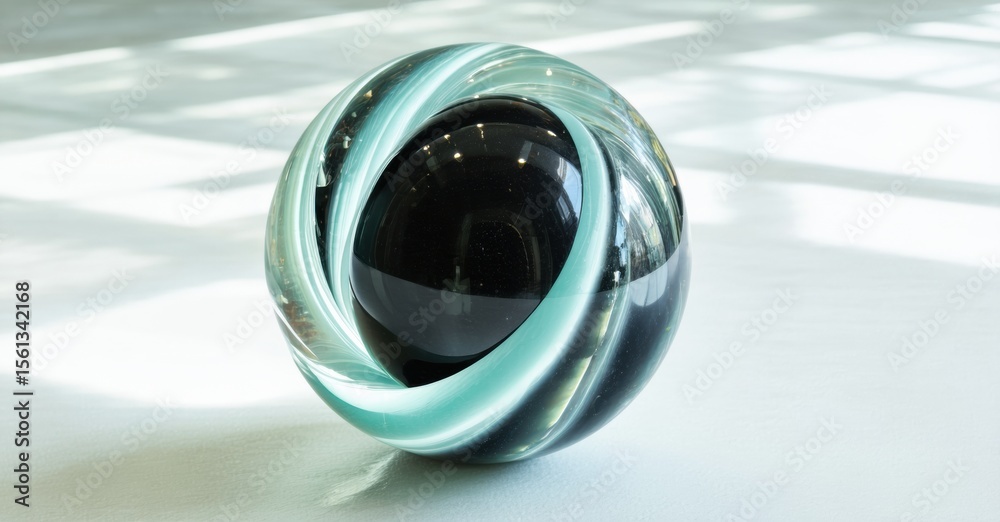 Fototapete glass sculpture features swirling teal, black patterns. smooth surface reflects light, creating dyna