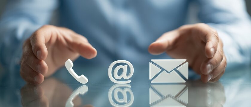 The hands presenting contact symbols for effective communication and networking.
