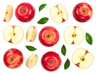 Naklejka premium Bright red apple with bright green leaves and delicate flowers, isolated on white