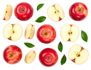 Bright red apple with bright green leaves and delicate flowers, isolated on white