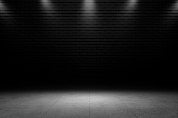 Empty studio scene with black brick wall, spotlight beams, and concrete floor, ideal for product...