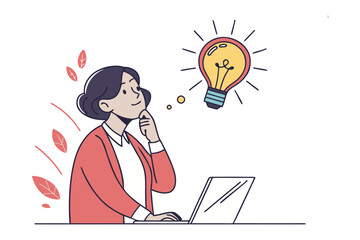 Idea Generation: A woman thoughtfully contemplates, her mind illuminated by the spark of an idea, represented by a glowing light bulb.