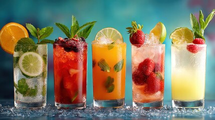 Five Delicious Cocktail Drinks Collection Summer Refreshing Recipes. High quality