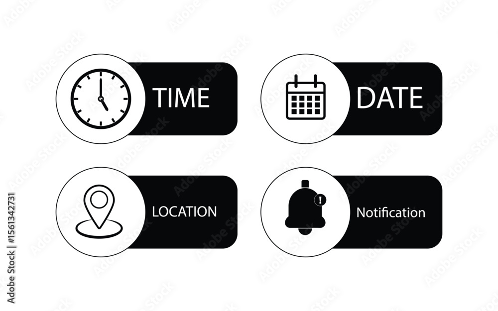 Poster address time date bell notification icons set. address location icon. stopwatch timer icon. date cal