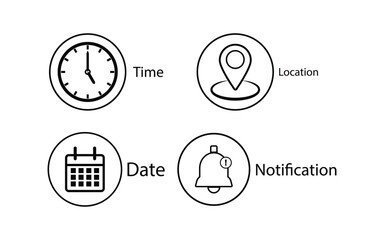 Address time date Bell Notification icons set. Address location icon. Stopwatch timer icon. Date Calendar icon. Black line and flat web icons.
