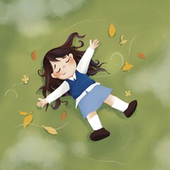 This sweet illustration of a young girl lying peacefully on green grass with her eyes closed, surrounded by falling autumn leaves and soft clouds creates a calm and dreamy atmosphere.