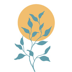 Minimalist botanical illustration featuring blue leafy branches set against a warm yellow-orange circle, symbolizing the sun. The design is clean and modern, with a natural and calming aesthetic.