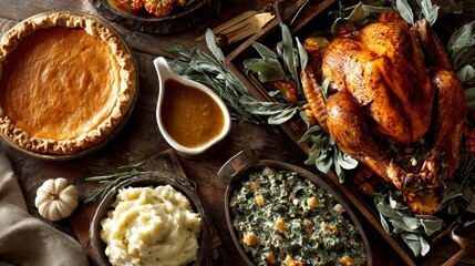 Top view of Thanksgiving dinner table