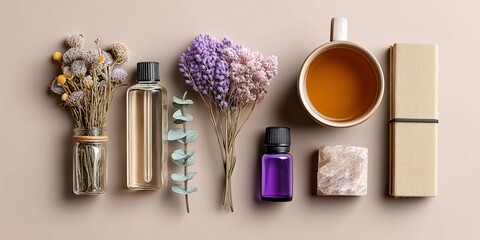 Selfcare lavender wellness routine with tea oil and herbal aromatherapy