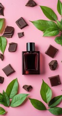 A burgundy perfume bottle surrounded by chocolate squares and vibrant green leaves on a pink background