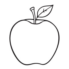 Simple black outline drawing of a fresh apple with a stem and a single leaf on a white background