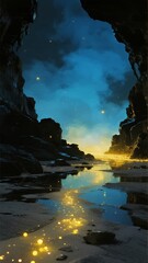 Obraz premium Mystical Night Scene with Glowing Lights and Rocky Cliffs