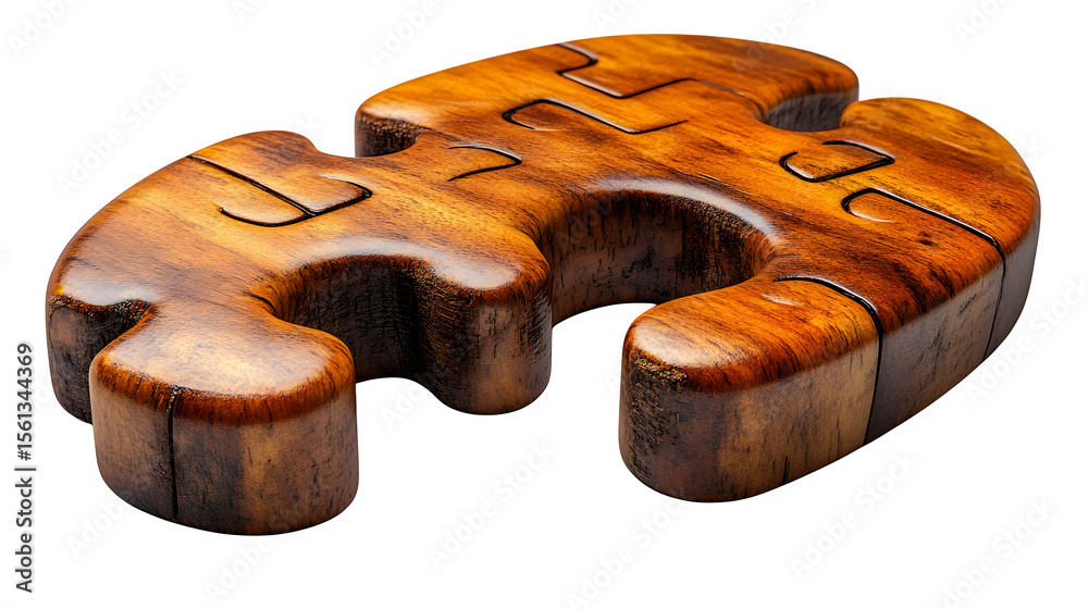Fototapete Ultra-realistic rendering of a single jigsaw puzzle piece made of polished wood. Sharp focus on wood grain and puzzle cut shape. Warm studio lighting