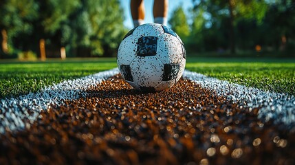Soccer ball on field line, legs walking, park background
