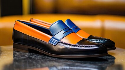Close-up of two colorful loafers.  Orange and navy blue leather
