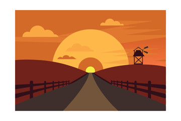 Fototapeta premium Sunset Country Road Serene Farmland Landscape at Golden Hour