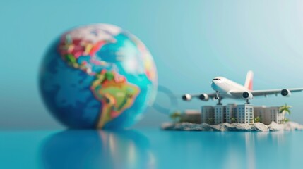 Airplane, hotel, and globe representing tourism