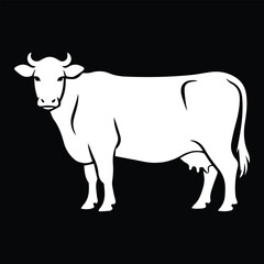 Monochrome Illustration of a White Dairy Cow Standing Tall with a Black Background, Ideal for Farm Imagery