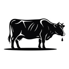 Monochrome Illustration of a Dairy Cow with a Single Dripping Milk Droplet Stands Calmly Profile View, ai generated