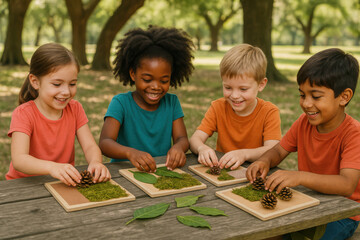 Kids engaging in nature art projects in a park