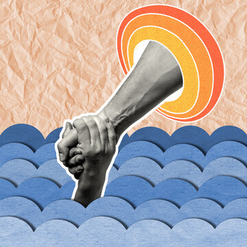 A creative collage artwork showing human hands, with one person helping another.