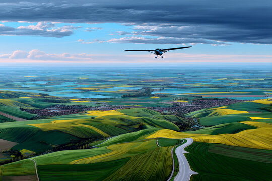 glidder plane gliding over the countryside