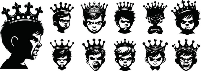 silhouette angry child face with crown isolated on white background