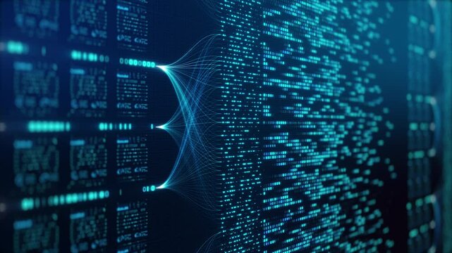 Neural Network Big Data Flow Visualization, Binary Code Matrix, AI Machine Learning Abstract Background, Quantum Computing, Cyber Security, Futuristic Technology Artificial Intelligence Digital Grid - Powered by Adobe