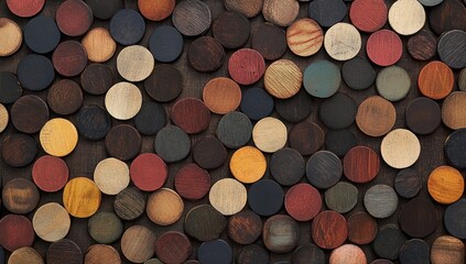 Colorful circular wooden discs arranged densely
