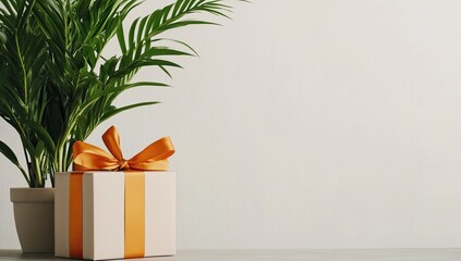 Gift box with ribbon and plant on a light background