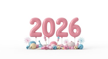 Large pink balloon numbers 2026 displayed with pastel party decorations and festive elements on a clean white background