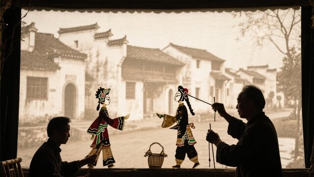 Artisans performing traditional shadow puppetry in front of a historic building backdrop