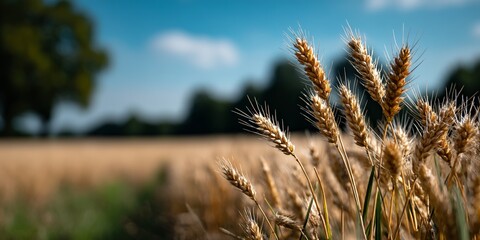 Fototapeta premium Golden wheat field under clear blue sky in summer