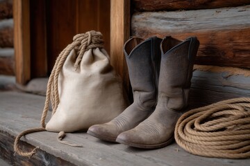 Rustic cowboy boots and lasso with burlap bag on wooden porch
