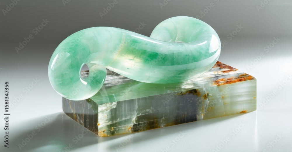 Poster sculpture depicts infinity symbol. green translucent material rests upon textured stone base. light 