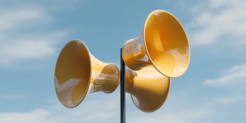 The Yellow Loudspeakers Towering Against a Bright Blue Sky