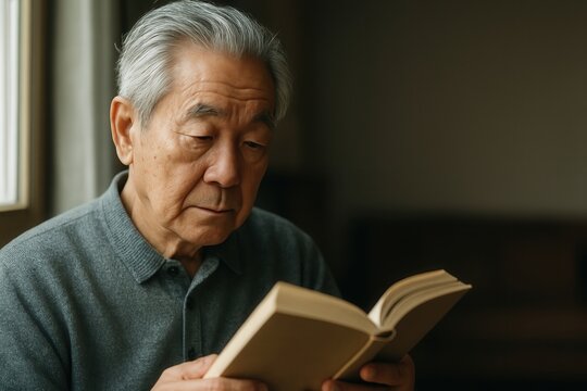Elderly asian man reading a book by window in peaceful setting
