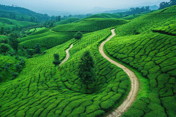 Hillside Patterns of Verdant Tea Plantation Landscape