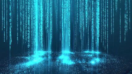 Glowing blue binary code rain falls onto a reflective surface, creating a futuristic data stream visualization, symbolizing information flow and technology