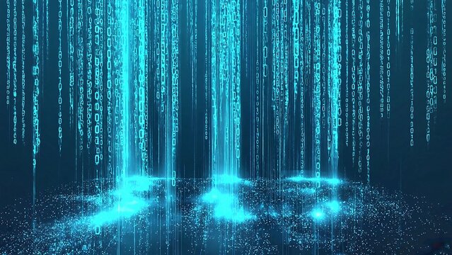 Glowing blue binary code rain falls onto a reflective surface, creating a futuristic data stream visualization, symbolizing information flow and technology