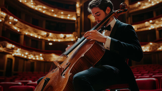 musician playing chello in a theatre 